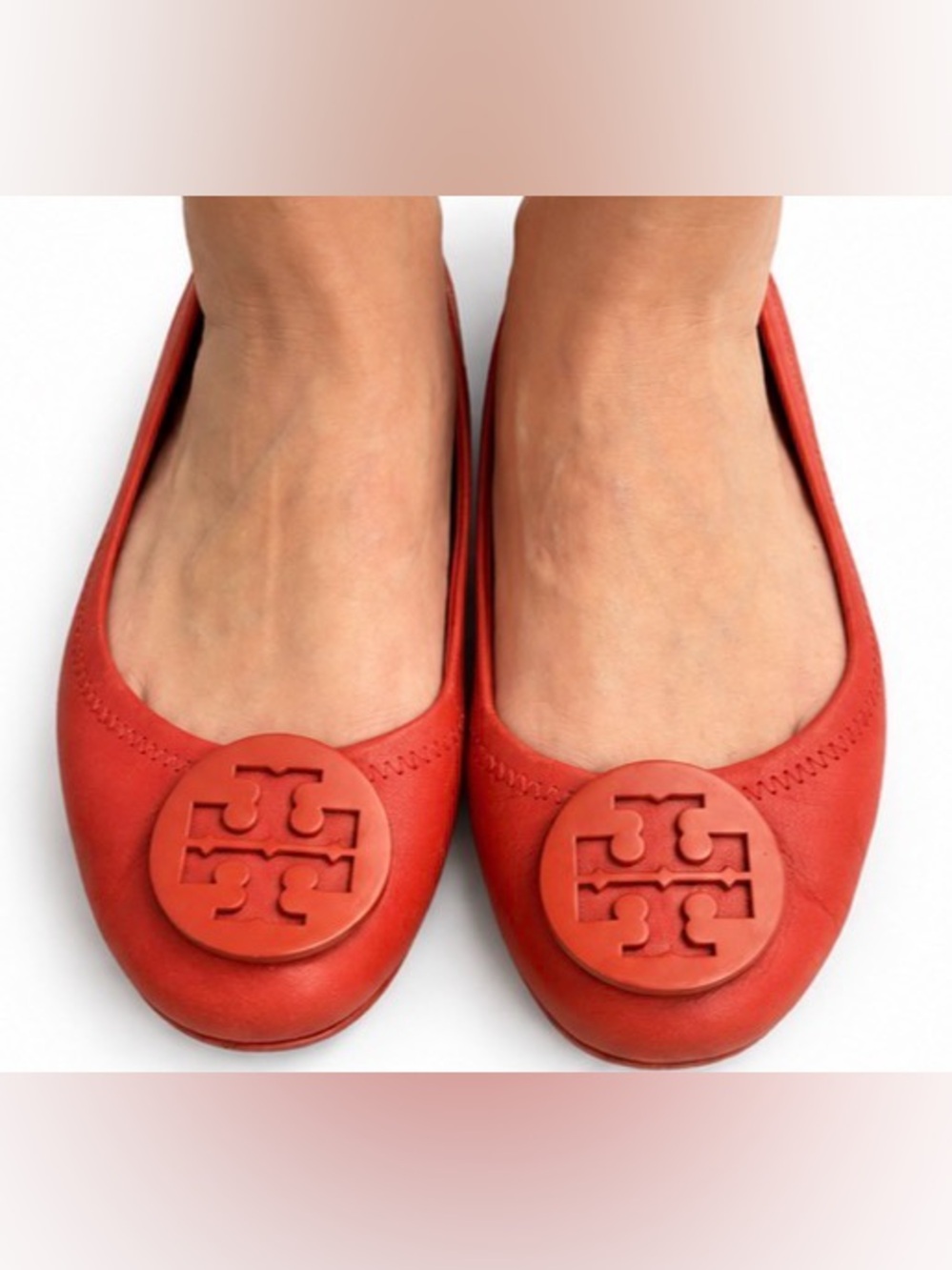 Tory Burch Reva Ballet Flats Coral Red Leather Logo Size 6.5